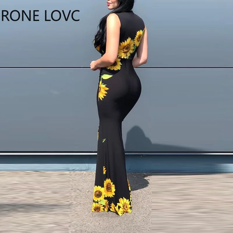 Plunge Sunflower V-Neck Print Slit Maxi Dress - Image 2