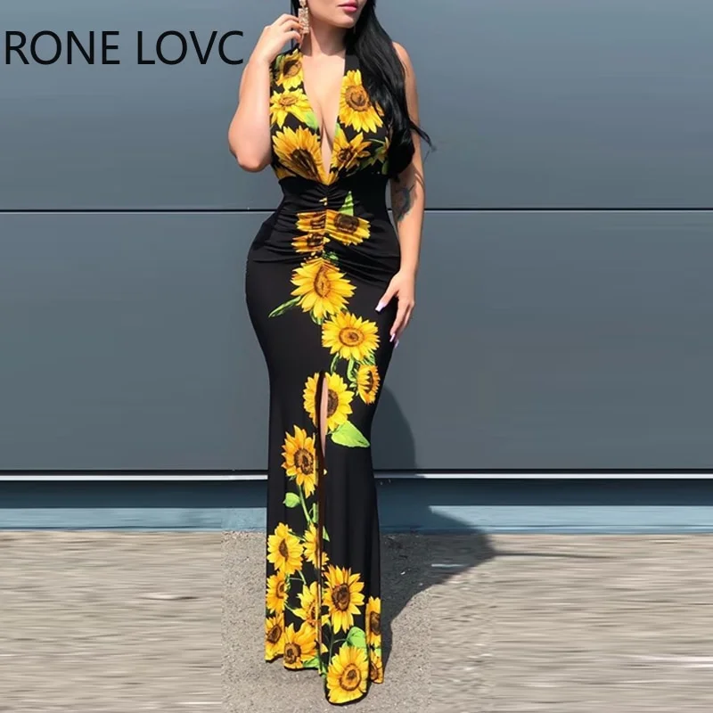 V-Neck Print Slit Maxi Dress