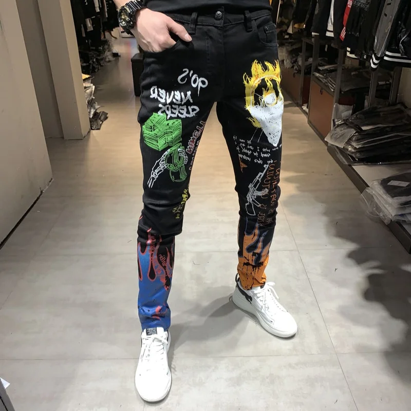 Fashion Streetwear Men Paint Printed Jeans - Image 3