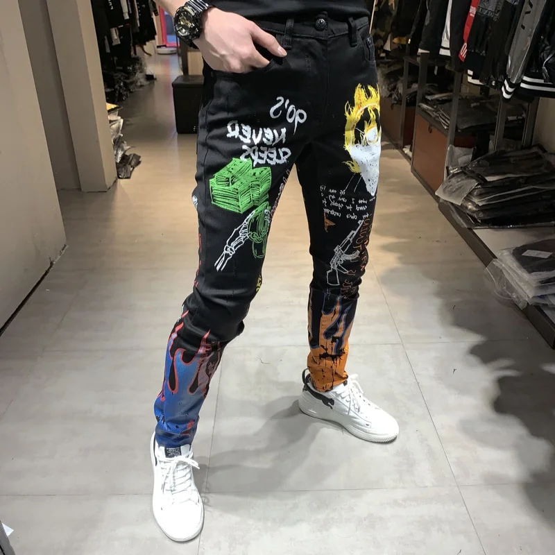 Fashion Streetwear Men Paint Printed Jeans - Image 4