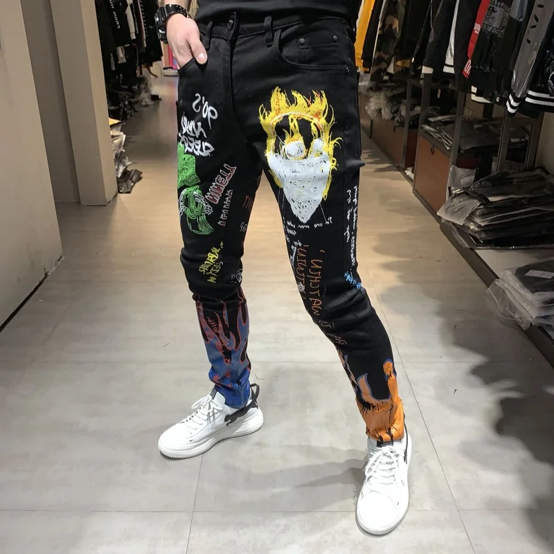 Fashion Streetwear Men Paint Printed Jeans - Image 5