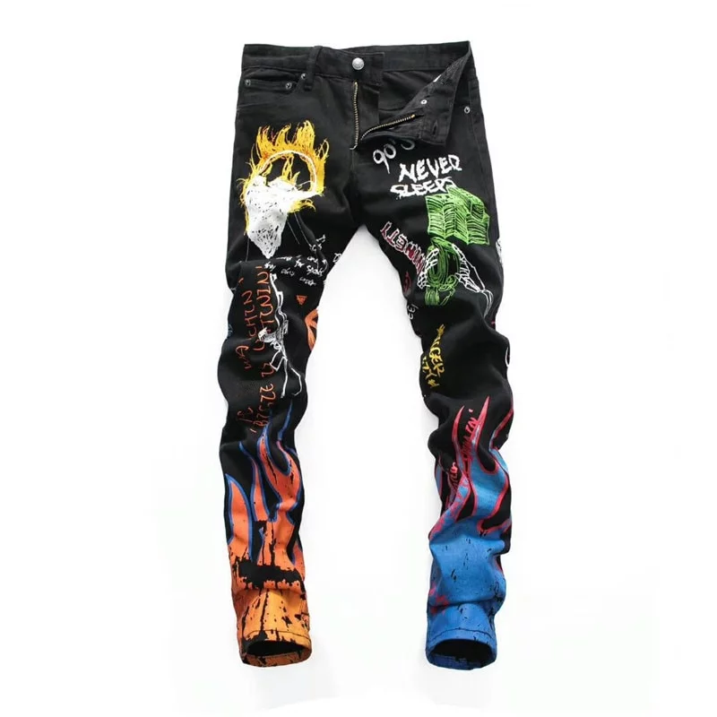 Fashion Streetwear Men Paint Printed Jeans