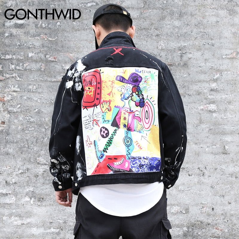 GONTHWID Hip Hop Graffiti Ripped Denim Jackets - AYN Store