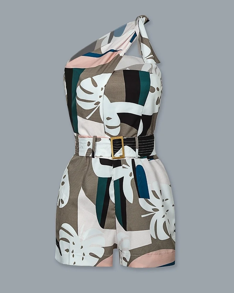 One Shoulder Knotted Detail Abstract Print Rompers - Image 3