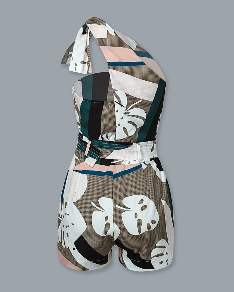 One Shoulder Knotted Detail Abstract Print Rompers - Image 4
