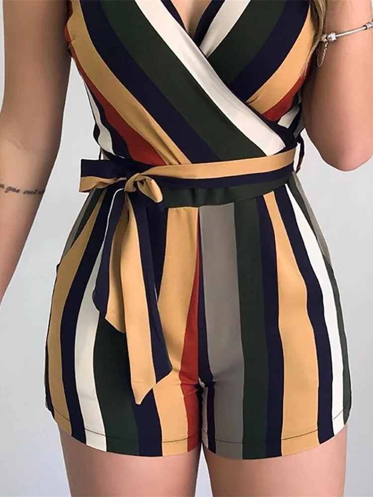 Patchwork Striped Sleeveless Tied Rompers - Image 3