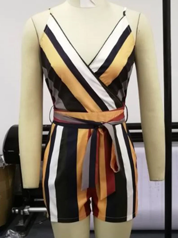 Patchwork Striped Sleeveless Tied Rompers - Image 4