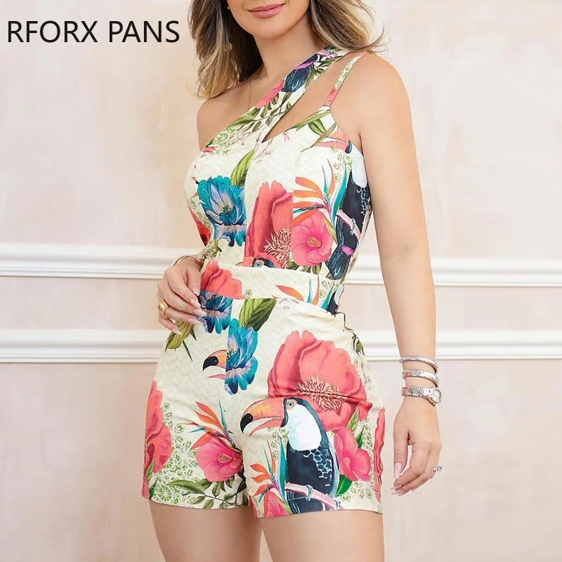 One Shoulder Floral Print Casual Romper