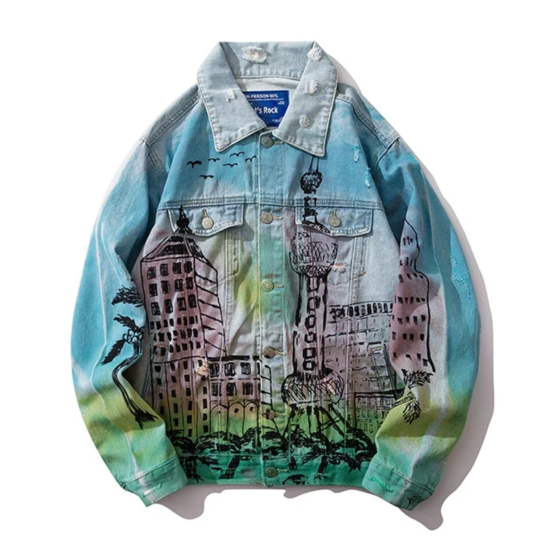 Sokotoo Men's Hiphop Trendy Printed Jean Jacket