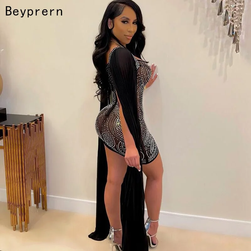 Beyprern Beautiful Flare Cape Sleeve Mesh Crystal Dress - Image 2