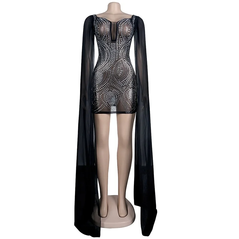 Beyprern Beautiful Flare Cape Sleeve Mesh Crystal Dress - Image 4
