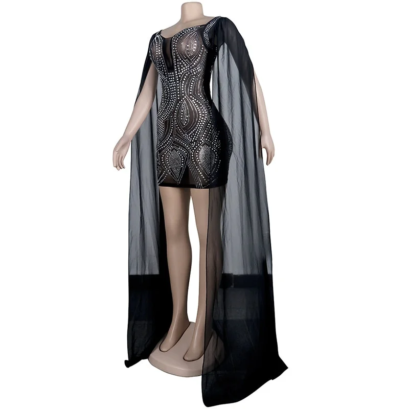 Beyprern Beautiful Flare Cape Sleeve Mesh Crystal Dress - Image 5