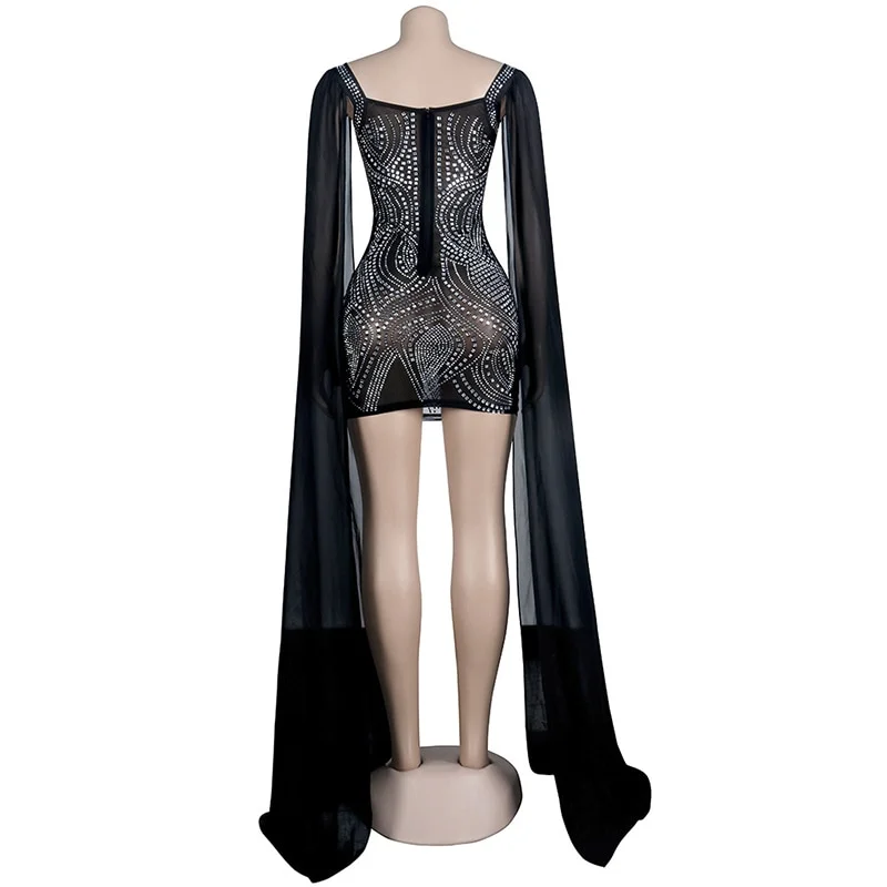 Beyprern Beautiful Flare Cape Sleeve Mesh Crystal Dress - Image 6