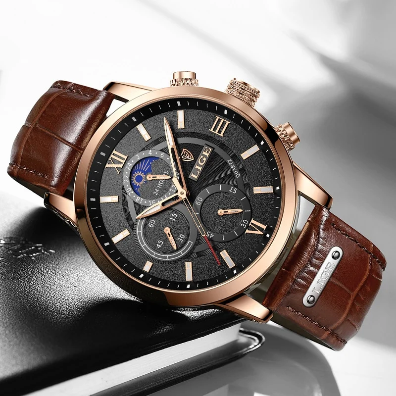 LIGE 2022 Men's Top Brand Luxury Leather Wrist Watch - Image 2