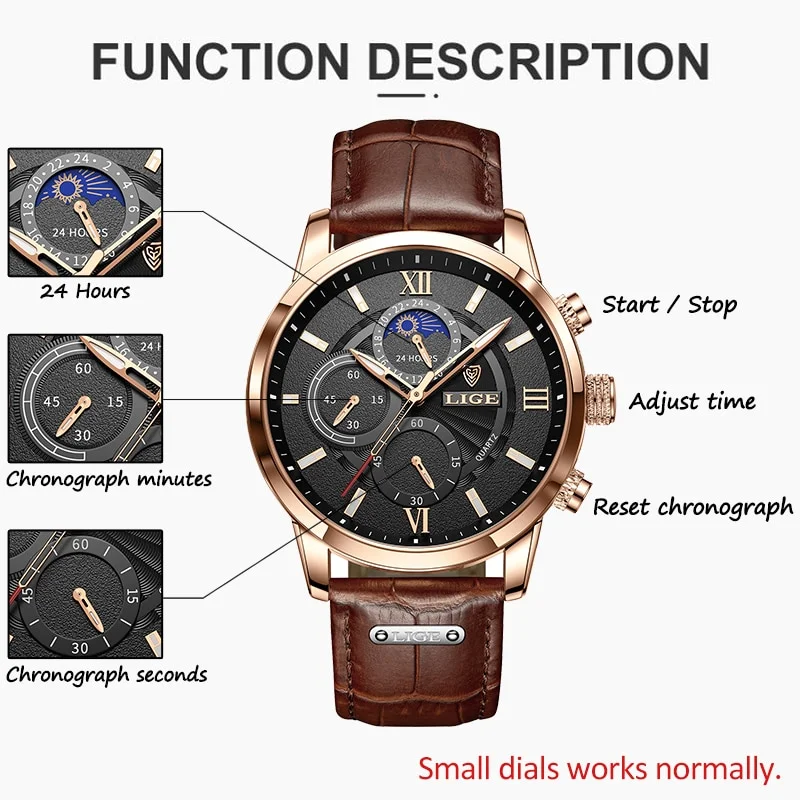LIGE 2022 Men's Top Brand Luxury Leather Wrist Watch - Image 3