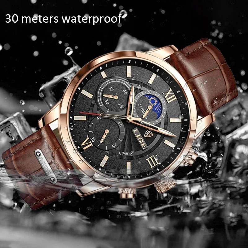 LIGE 2022 Men's Top Brand Luxury Leather Wrist Watch - Image 4