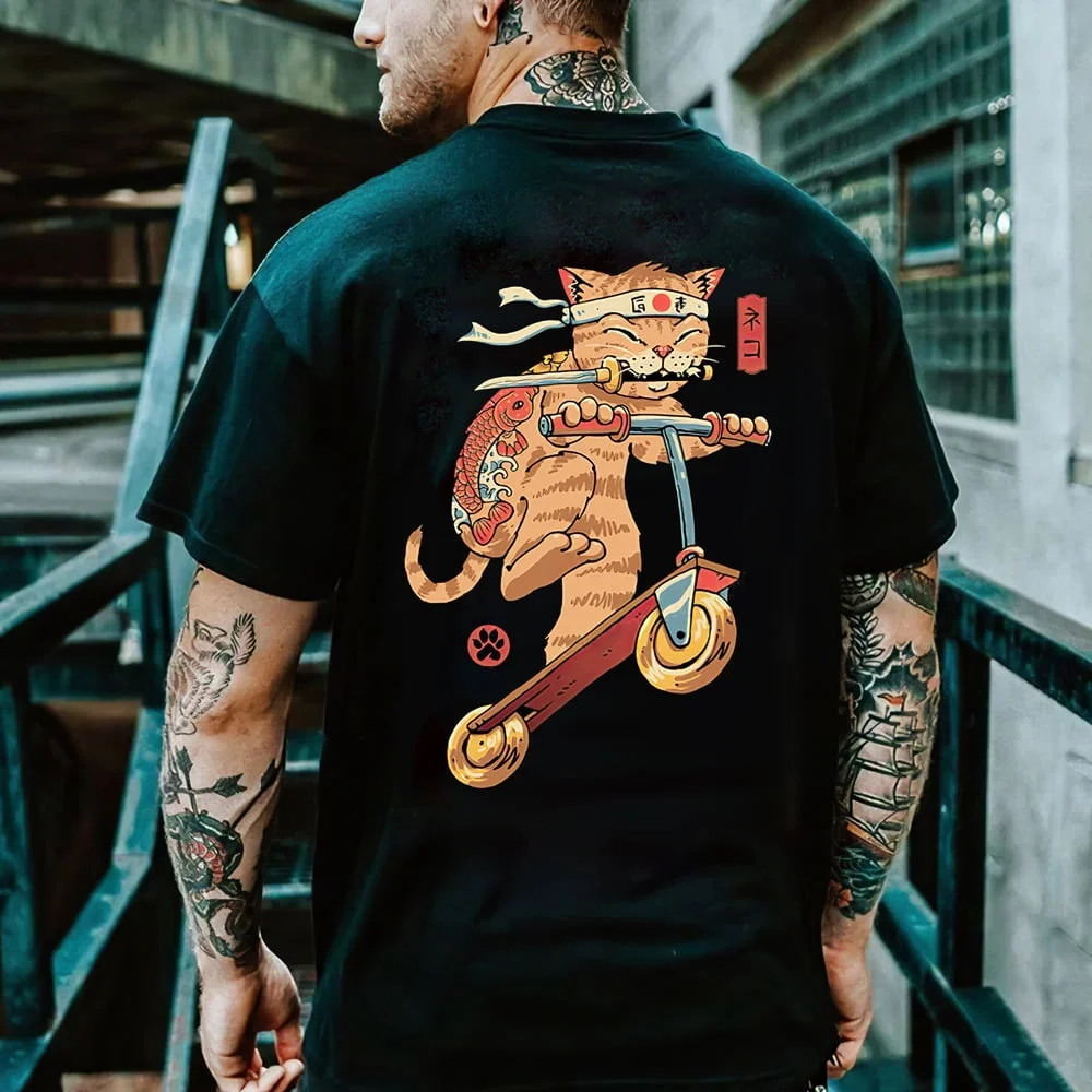 Cartoon Anime Samurai Cat Printed T Shirt - Image 2