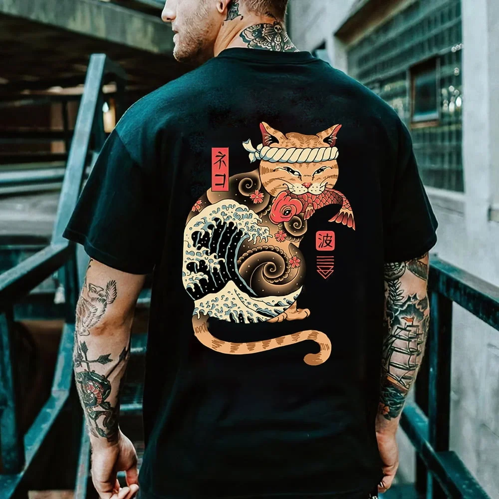 Cartoon Anime Samurai Cat Printed T Shirt - Image 3