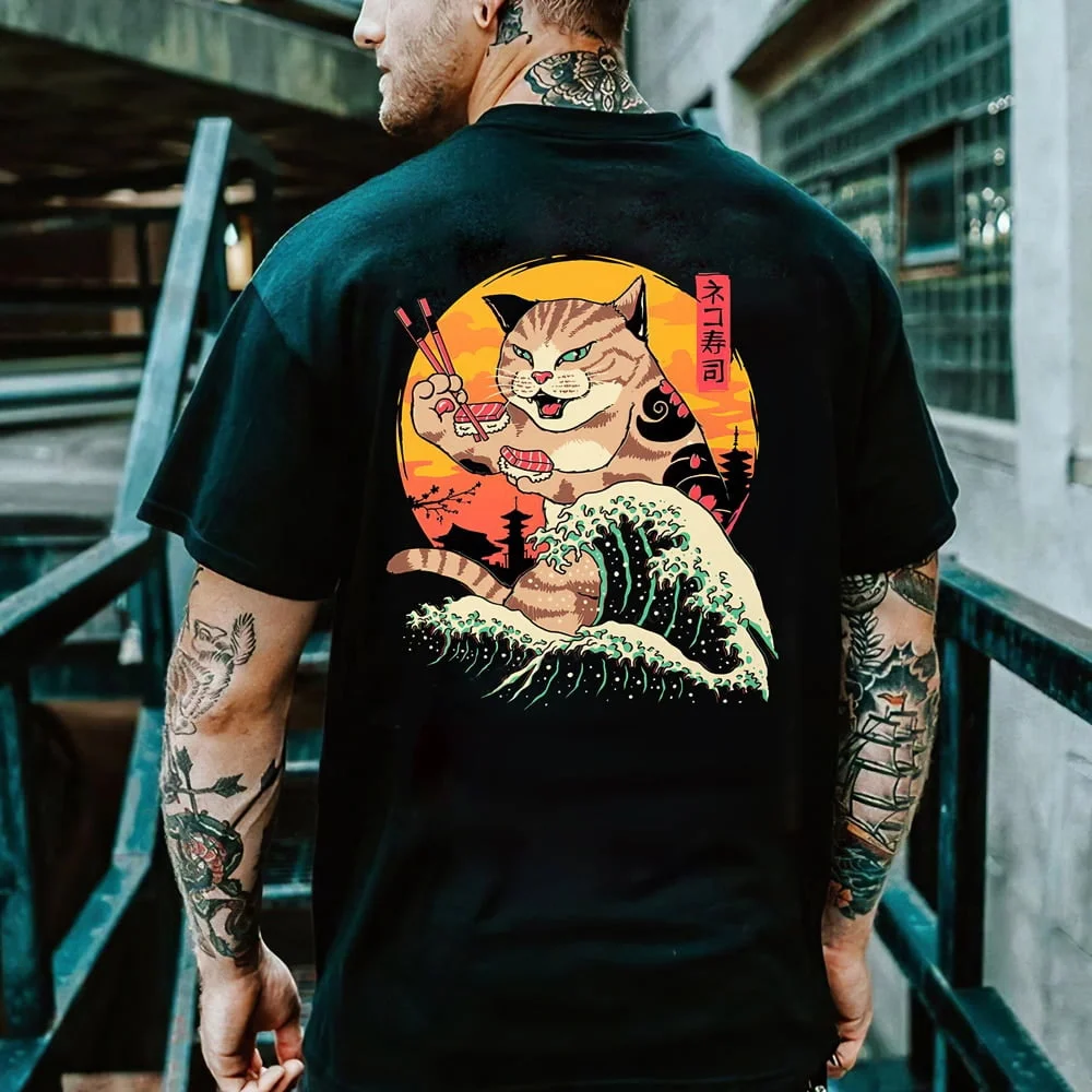 Cartoon Anime Samurai Cat Printed T Shirt - Image 6