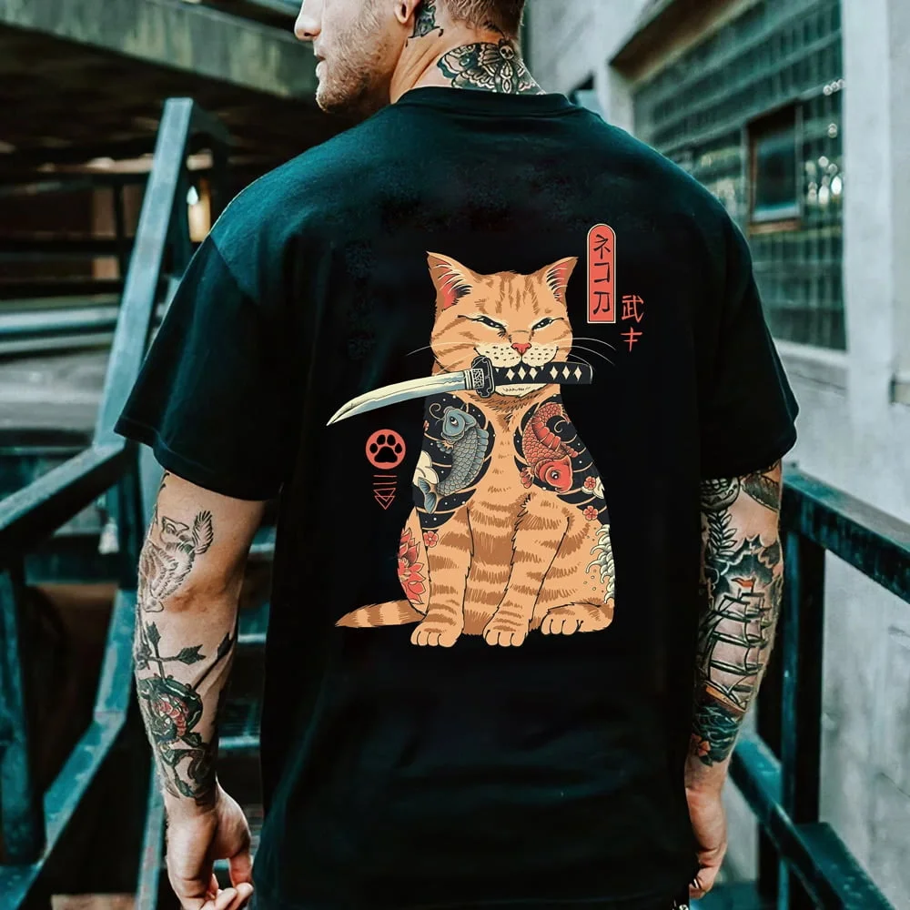 Samurai Cat Printed T-Shirt