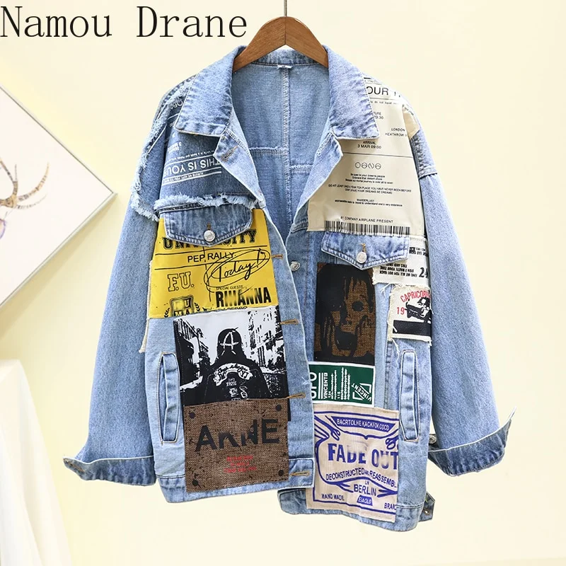 Vintage Full Sleeve Appliques Newspaper Pattern Denim Jacket - Image 2