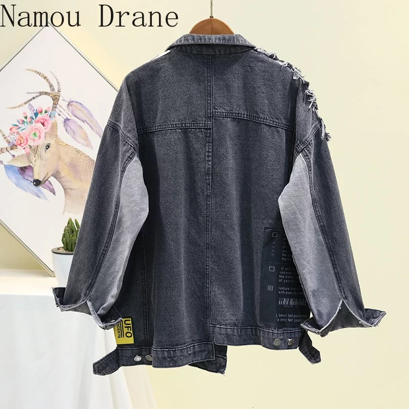 Vintage Full Sleeve Appliques Newspaper Pattern Denim Jacket - Image 3