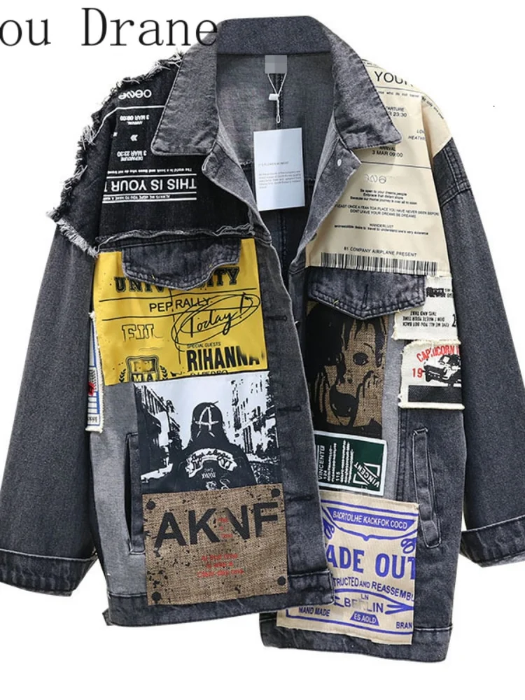 Vintage Full Sleeve Appliques Newspaper Pattern Denim Jacket - Image 4