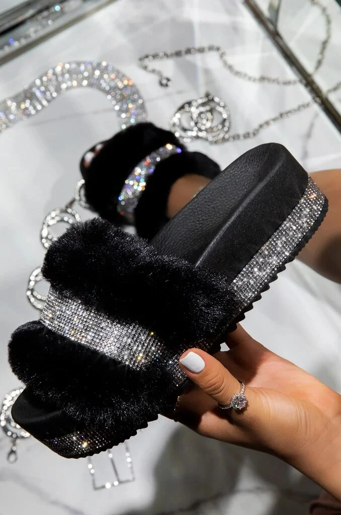 Luxury Fur Rhinestone Fluffy Slippers - Image 2