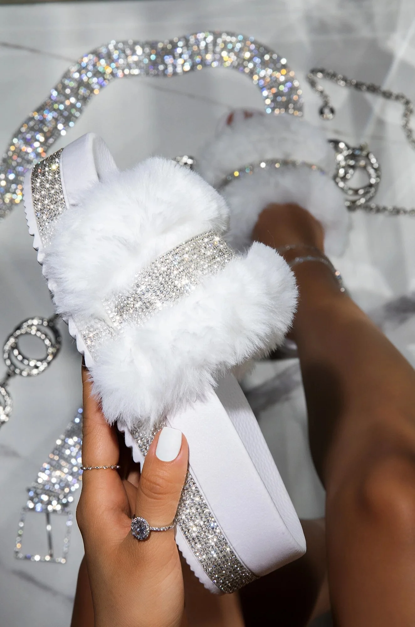 Luxury Fur Rhinestone Fluffy Slippers - Image 6